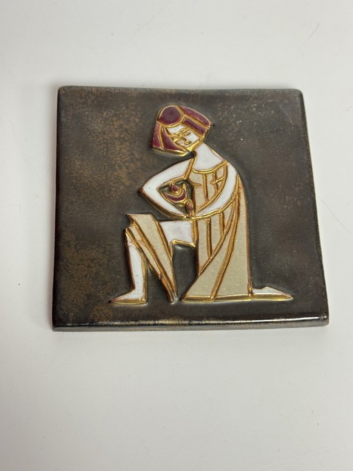 Small Square Ceramic Matte and High Gloss Glazed Tile with Greek Child, 1960s