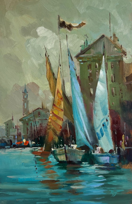 Image 1 of Original Oil Painting Coastal City Landscape A quiet harbor near Venice