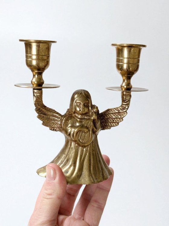 Image 1 of Midcentury Brass Candleholder, Winged Angel for 2 Candles, Christmas Brass Decor