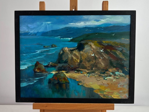Original Oil Painting Coastal Mountain Landscape Sunlight through the clouds