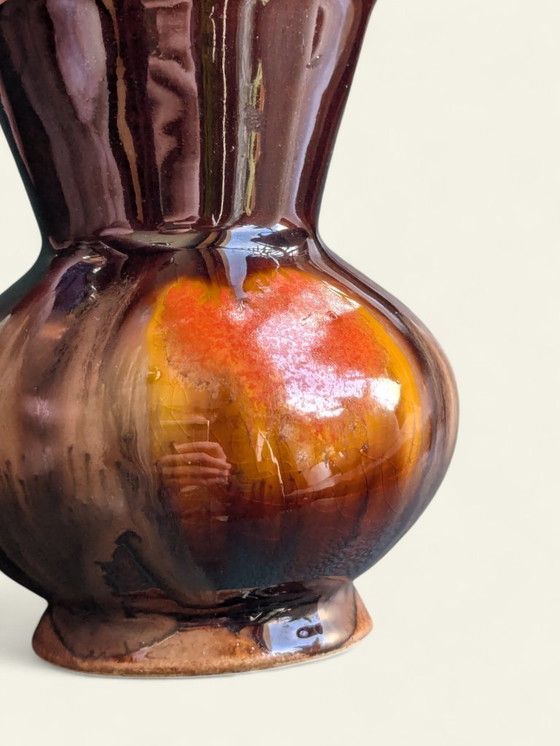 Image 1 of Vintage fruitschaal van Dümler&Breiden met bijpassend vaasje | 70s keramiek in bruin-oranje-beige