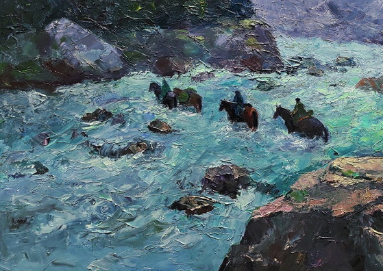 Image 1 of Dipinto ad olio originale: Paesaggio naturale, rocce, cavalli, torrente pericoloso tra le montagne.
