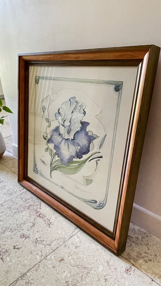 Image 1 of Irisblüte auf Papier Rahmen Holz Vintage