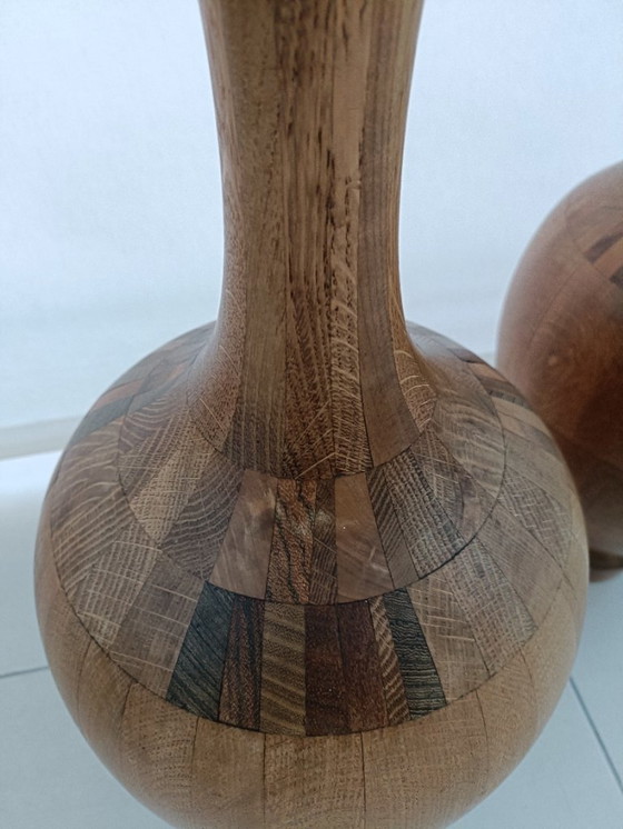 Image 1 of Vintage set zeldzaam Midcentury Art Vaas in Hardhout van Maurice Bonami voor De Coene Frères. Made in België in de jaren 50