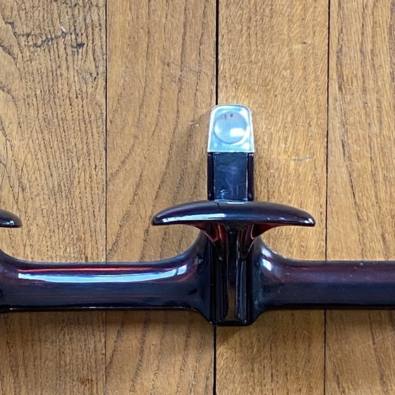 Image 1 of Vintage brown-purple plexiglass towel rack/coat rack with 3 hooks