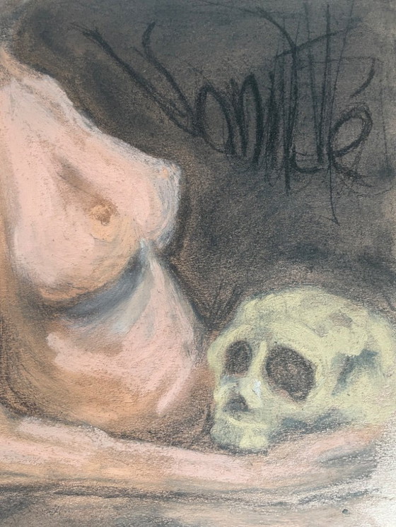 Image 1 of Gesigneerd pastel schilderij, symbool van leven en dood, "IJdelheid"
