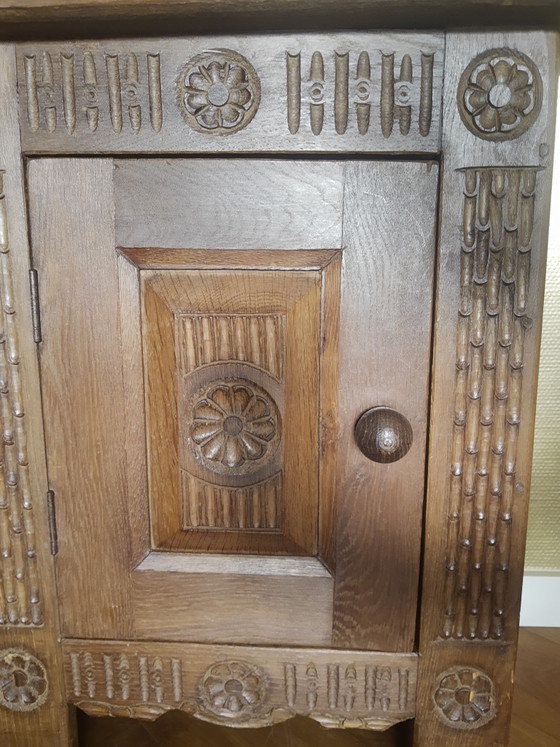 Unieke Set Handgemaakte Antieke Arts&Crafts Art-Nouveau Eikenhouten Kastjes Halkastjes Nachtkastjes, (photo 9 of 15)
