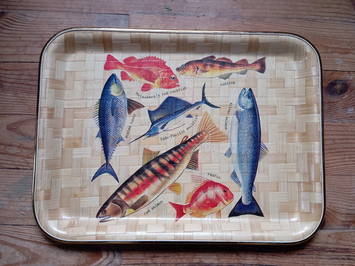 Vintage 1970 woven fiber tray, sea fish decor