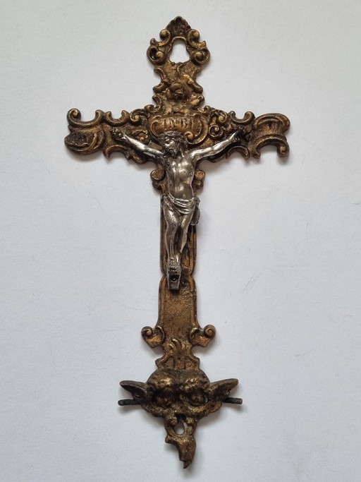 Antique crucifix / wall cross – Neo-Baroque circa 1900, brass, gilded & silver-plated