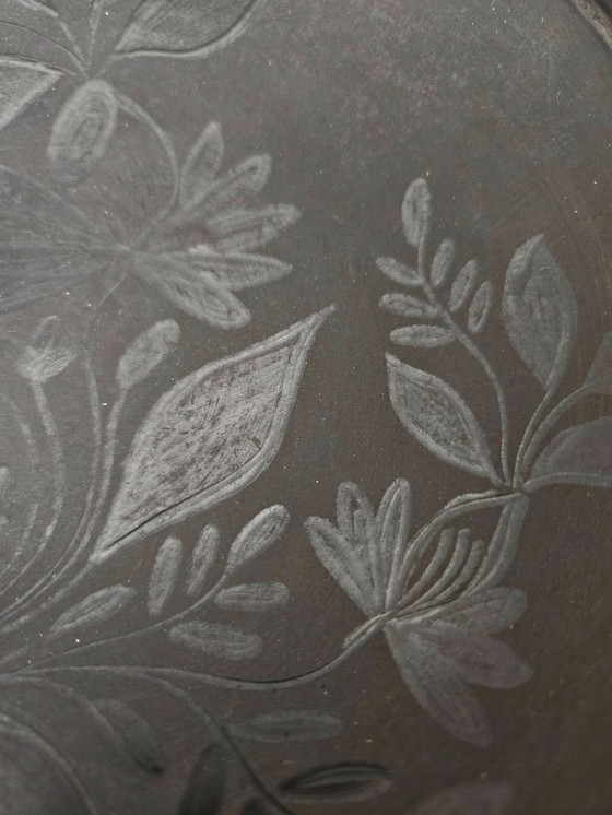 Image 1 of Unique Vintage Handmade Hungarian BLACK CERAMIC Hanging Wall Plate From Nadudvar | Signed at the bottom by Jr. Lajos FAZEKAS