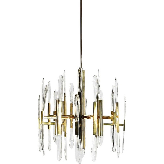 Image 1 of Italian Brass Chandelier with Glass Icicles by Gaetano Sciolari - 1970s