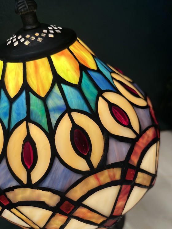 Image 1 of Vitrail Tiffany Style années 20 Lampe de table Motif paon