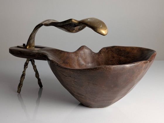 Image 1 of David Marshall, skulpturale Obstschale aus Bronze und Holz, Tischdekoration, 1970er Jahre