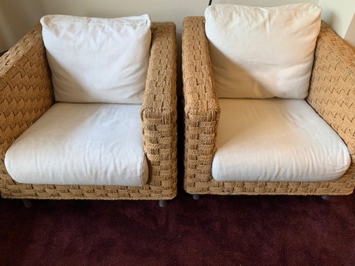 2 x Ligne Roset Wicky hemp rope armchairs