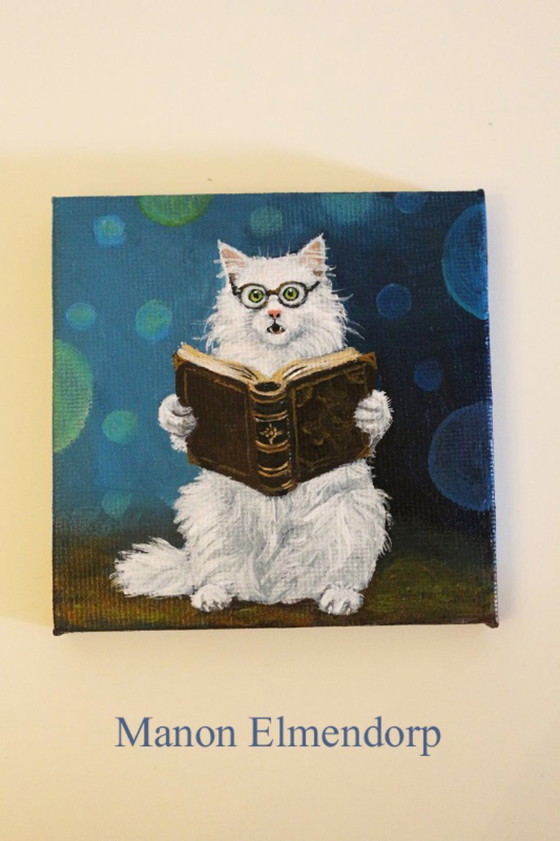 Unique Hand-Painted Small Cat Painting with Magic Book – Paintings & Drawings, Wood, Canvas (photo 6 of 6)