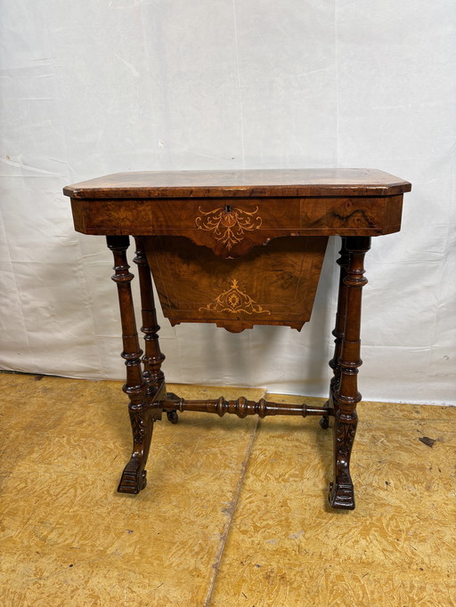 A Romantic Victorian Burr Walnut Sewing & Work Table Mid–Late 19th Century  Rich with the charm of a bygone age, this exquisite 