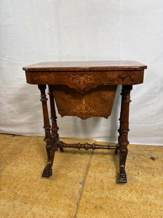 Image 1 of A Romantic Victorian Burr Walnut Sewing & Work Table Mid–Late 19th Century  Rich with the charm of a bygone age, this exquisite 