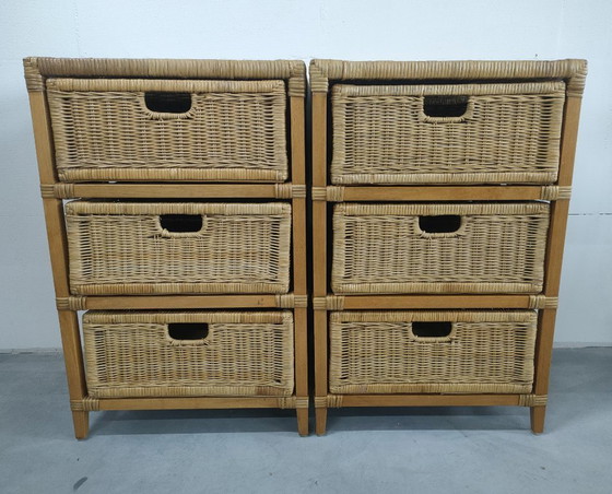 Image 1 of Set vintage jaren 70 rotan/riet/bamboe wandkastjes ladekasttes
