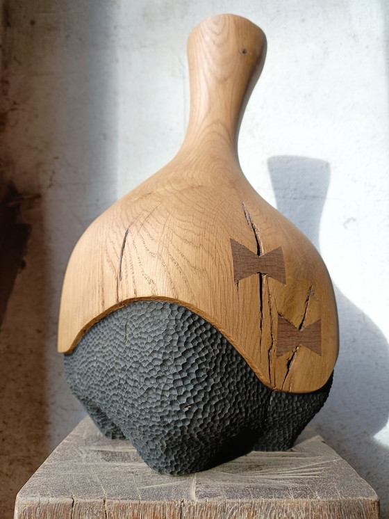 Image 1 of Large vase/sculpture in solid carved and textured oak