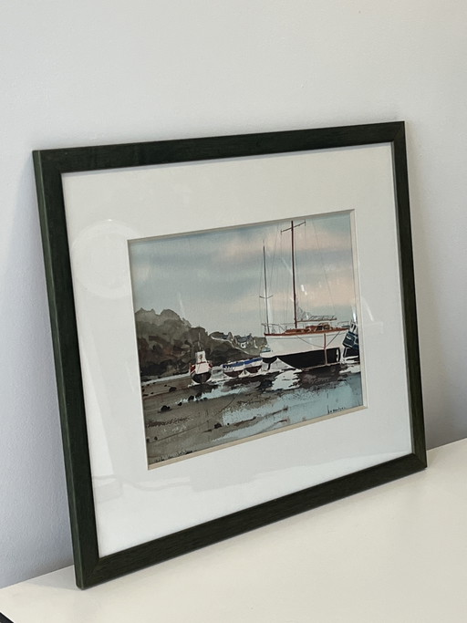 Hermosa acuarela original del renombrado artista marino francés Claude Le Boulzec. – schilderijen tekeningen (photo 2 of 12)
