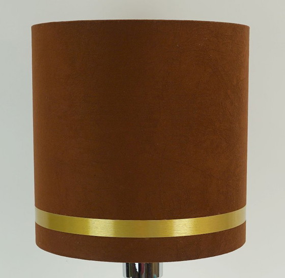 Large 1970s Table Lamp Aro-Leuchten Chrome Base Brown Velvet Lampshade (photo 3 of 11)