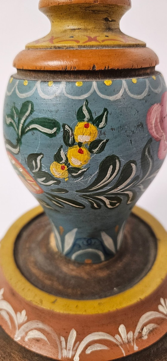 Image 1 of Vintage Wooden Hand painted Candle Holder German Bauernmalefai Folk Art Floral Flower Motifs Farmhouse Decor Carved Wood Candles