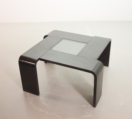 Image 1 of Vierkante Ake Fribyter Stijl Zwart Gelakt Multiplex Salontafel met Rookglas Paneel, 1970.