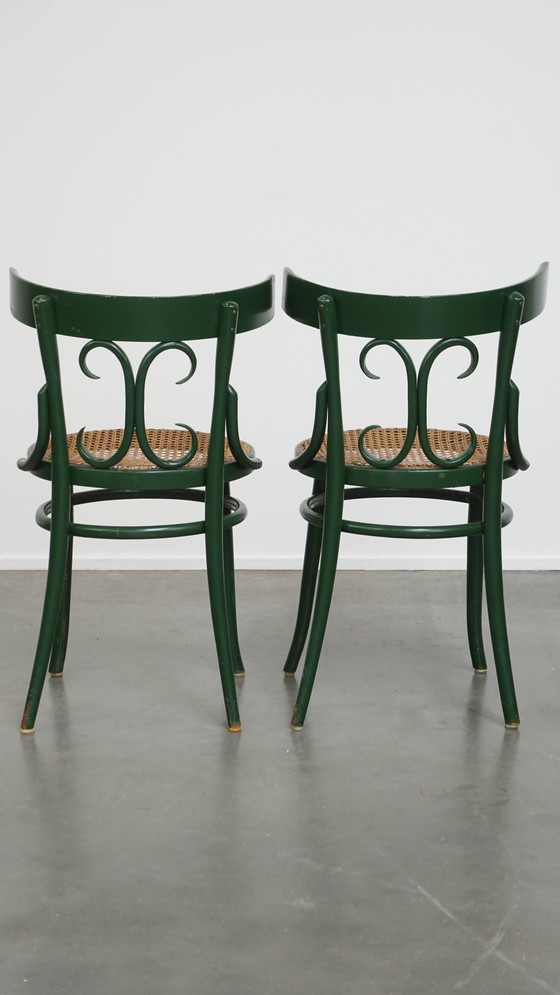 Image 1 of 2 X Green Vintage Bistro Chair With A Matt Wicker Seat
