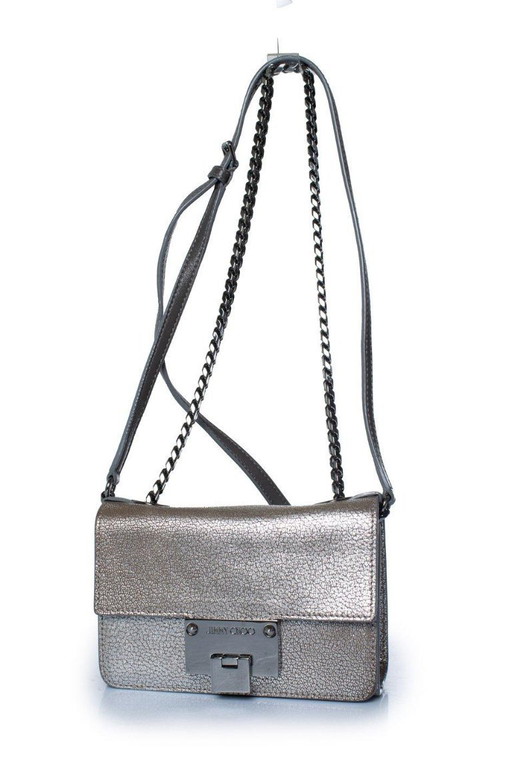 Borsa a tracolla Jimmy Choo modello Rebel in pelle argentata.