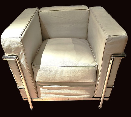 Sillón vintage en cuero blanco – Estilo Le Corbusier LC2 – Diseño clásico – fauteuils, Metal, Leather