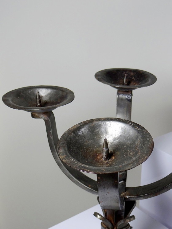 Image 1 of Pair of Massive Brutalist Wrought Iron 4-Light Vintage Candlesticks