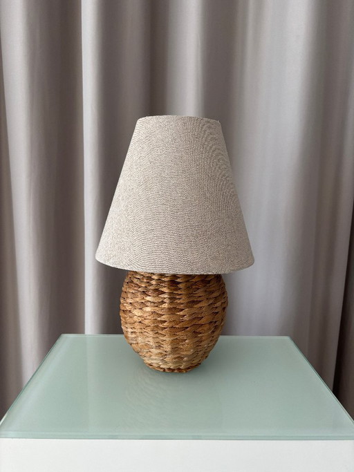 Lampe de table vintage en rotin tressé avec abat-jour en lin – tafellampen, Rattan