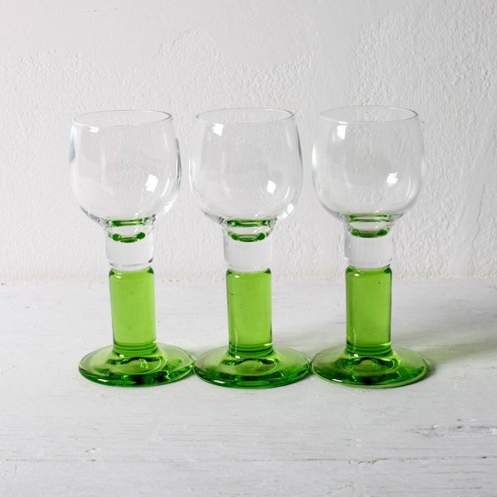 Image 1 of Set of 3 Vintage Limoncino Liquor Glasses / Green Stem Shot Stemware / Bormioli Rocco / Italy / 1970s
