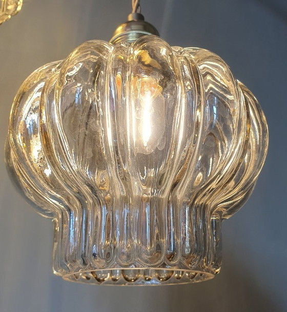 Image 1 of Set of two vintage floral pendant lamps in lantern shape. Mid Century