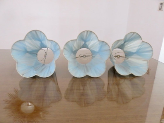 Image 1 of Set of 3 lampshades made of pale blue plastic strips. 1950
