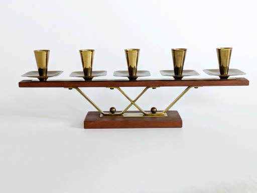 Midcentury Teak and Brass Candelabra for 5 candles | Germany, 1960s
