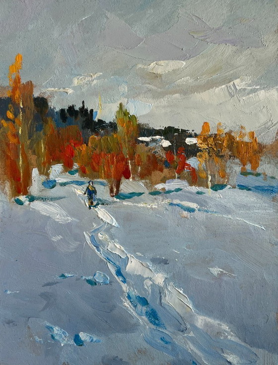 Image 1 of Original Oil Painting Winter Forest Landscape Walking in the winter forest