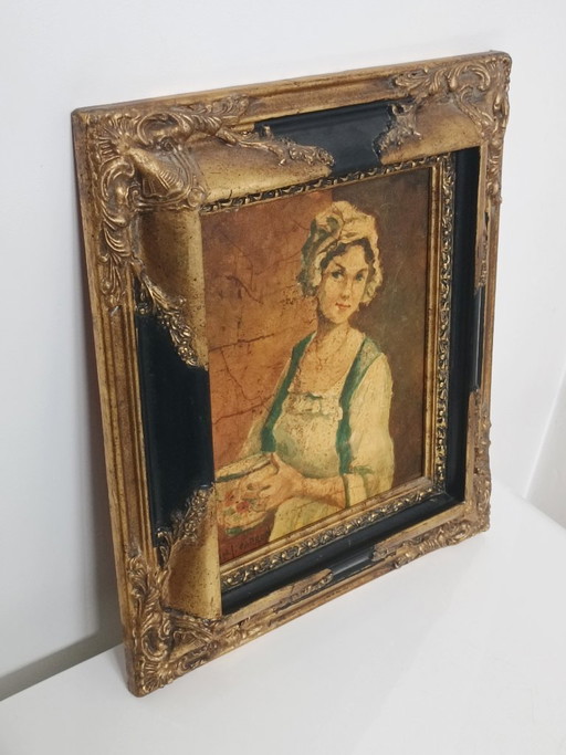 Óleo sobre lienzo, Michel Capron, Mujer joven con un cuenco, Francia, circa 1950