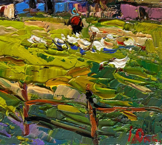 Image 1 of Original Oil Painting Summer Village Landscape Warm rural street