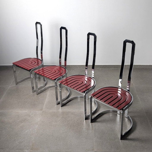 Sedie postmoderne in cromo e legno rosso, set di 4, anni '80