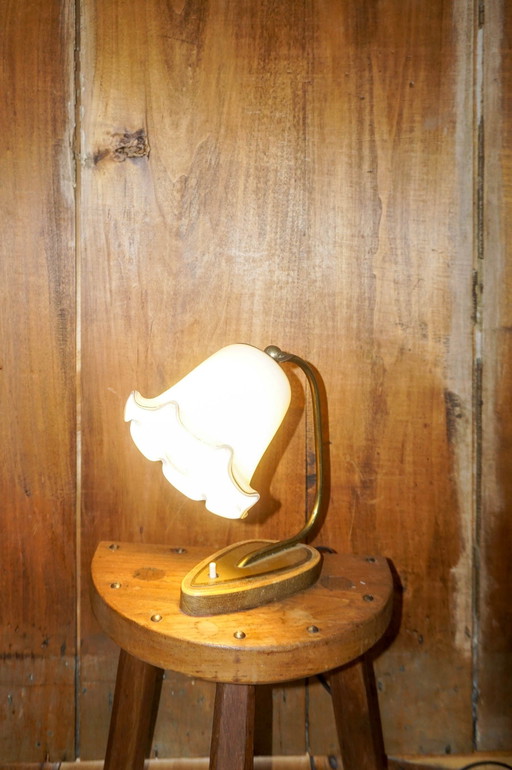 vintage ruffled milk glass lamp * flower shaped bedside light * brass curved stem * art deco revival * cute desk lamp