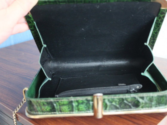 Image 1 of Vintage crocodile leather handbag, green crocodile leather with brass frame and clasp