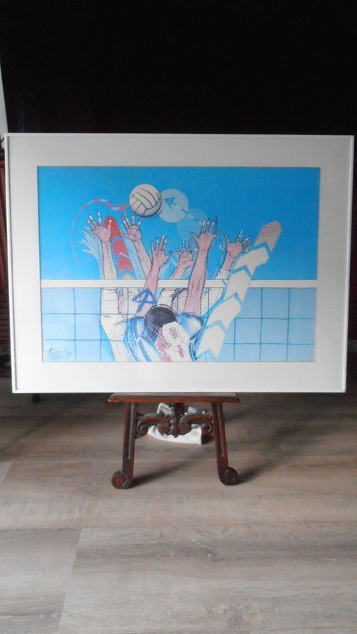Rudiger Eschert - 1985- Volleybal- Gesigneerd- ophangsysteem
