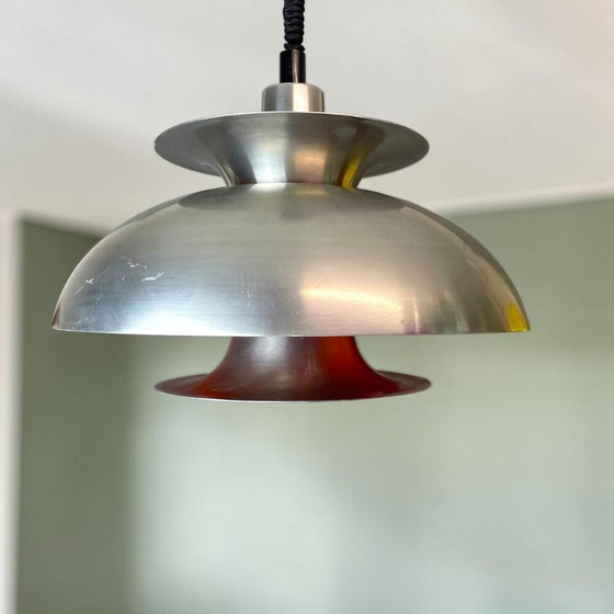 Scandinavian Modern Danish Brushed Aluminium Silver And Red Rise And Fall 4-Light Hanging Lamp, 1970s (photo 2 of 17)