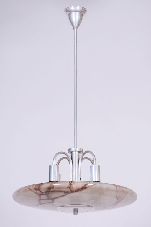 Restored Art Deco Chandelier, Aluminium, Marbled Glass, Rewired, Czech, 1940s – kroonluchters