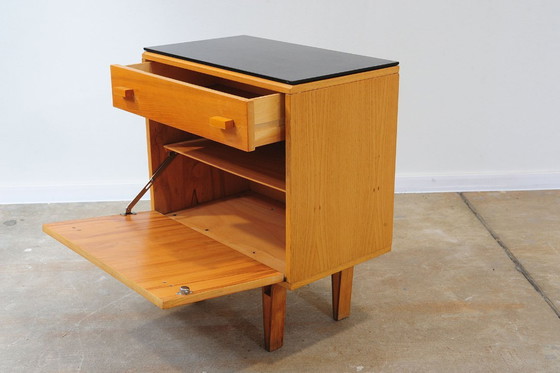 Image 1 of Mid Century Nightstands Ash Veneer & Black Glass František Mezulánik Nový Domov 1970s Czechoslovakia
