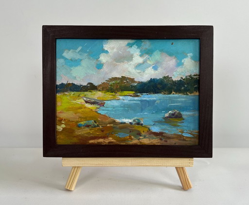 Original Oil Painting Summer River Landscape Summer harmony of water and sky