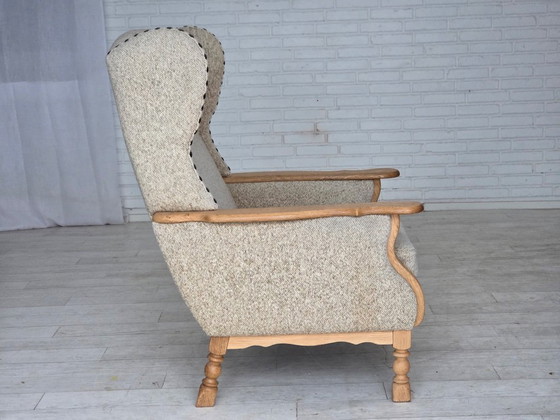 Image 1 of Deense fauteuil met hoge rugleuning uit de jaren 70, bekleed met meubelwol en gemaakt van massief eikenhout.
