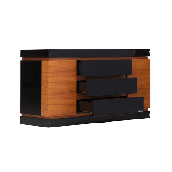 Image 1 of Black lacquered wood and teak vintage storage cabinet by Pierre Cardin, 1970