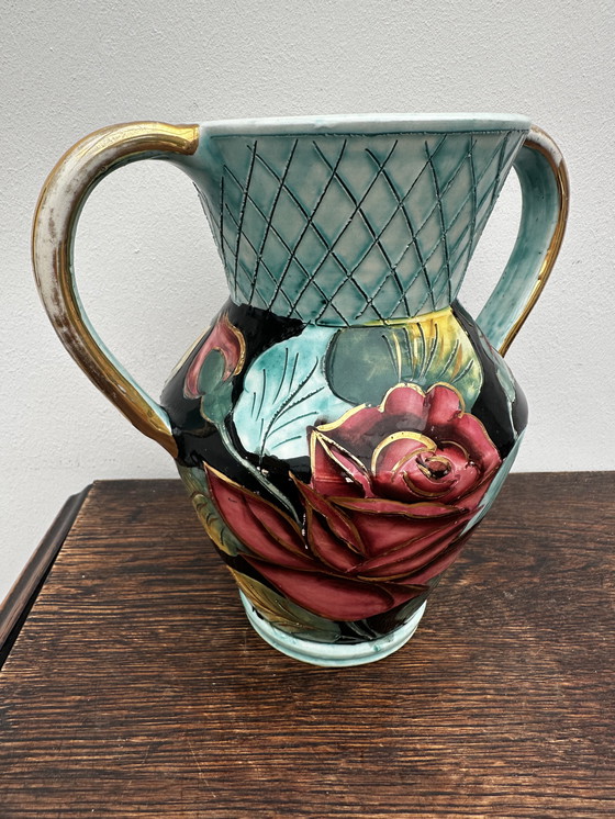 Image 1 of Vaas gesigneerd JTF Vallauris - h 20 cm - Vintage gebeiteld en beschilderd decor